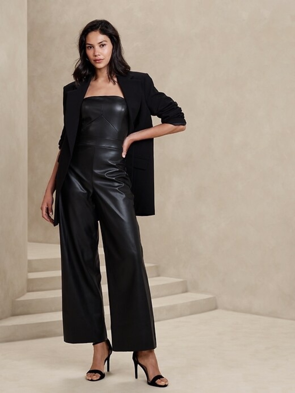 Banana Republic Factory Black Strapless Faux Leather Wide-Leg Jumpsuit
